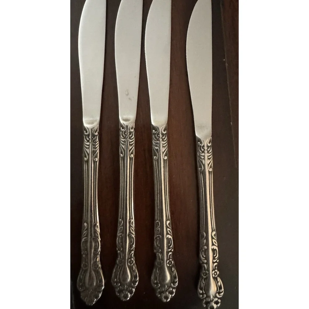 EKCO Eterna Set of 4 Dinner Knives Stainless Steel Floral Handle Silver, Japan